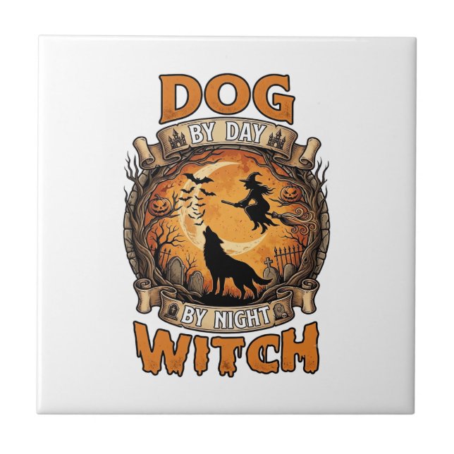 Dog Day Witch Night Halloween Wolf Moon Bats_1 Ceramic Tile (Front)