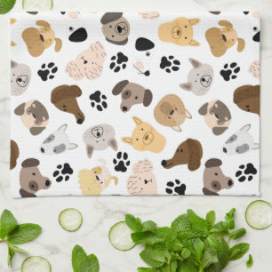 Dog Days - Dog Breeds and Dog Paws Pattern Tea Towel