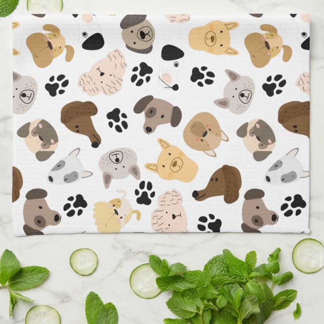 Dog Days - Dog Breeds and Dog Paws Pattern Tea Towel (Folded)