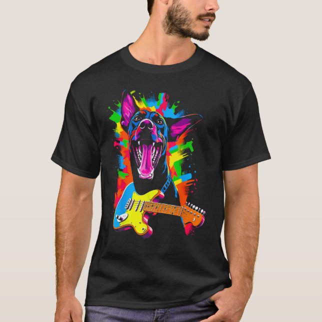 Dog Doberman Pinscher Guitarist T-Shirt (Front)