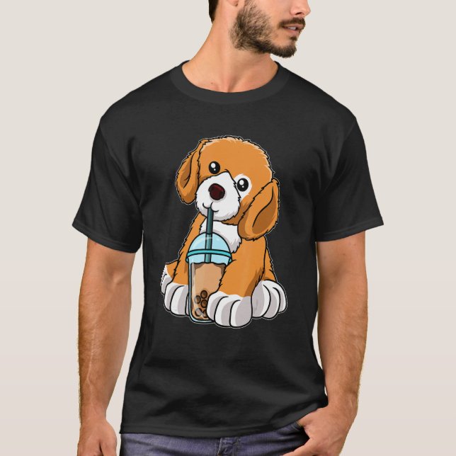 Dog Drinking Bubble Tea Cute Animals With Boba Tea T-Shirt (Front)