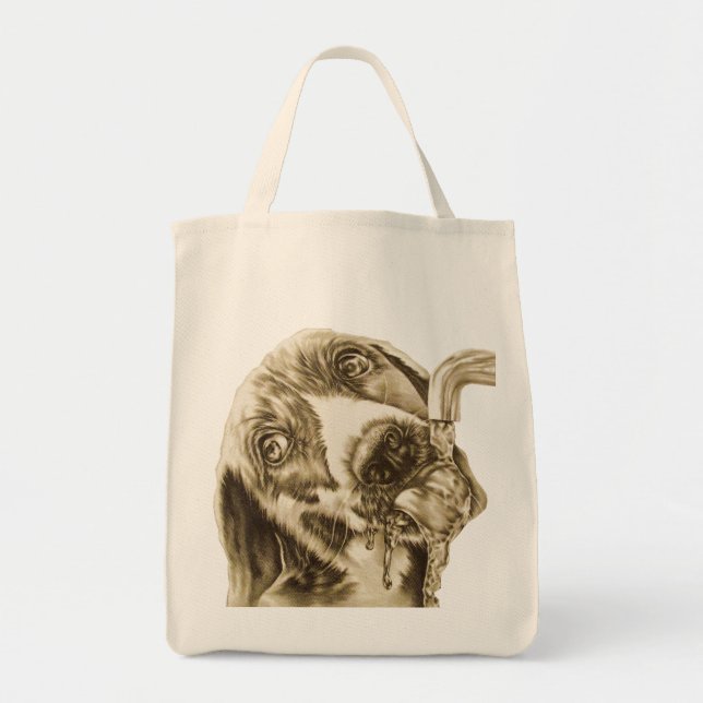 Dog Drinking on Grocery Tote Bag (Front)