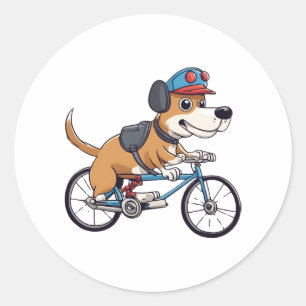 dog driving a bicycle classic round sticker