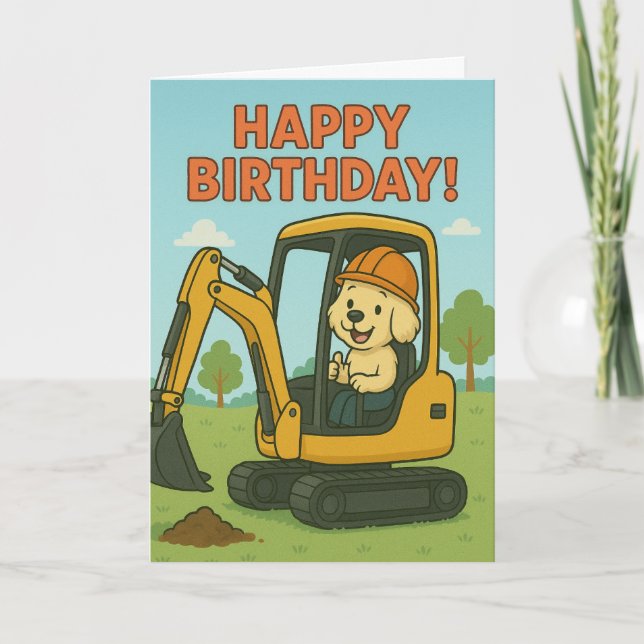 Dog driving digger birthday card (Front)