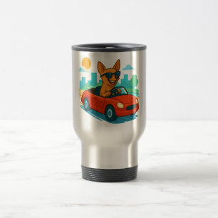 Dog Driving Red Car Cartoon Travel Mug