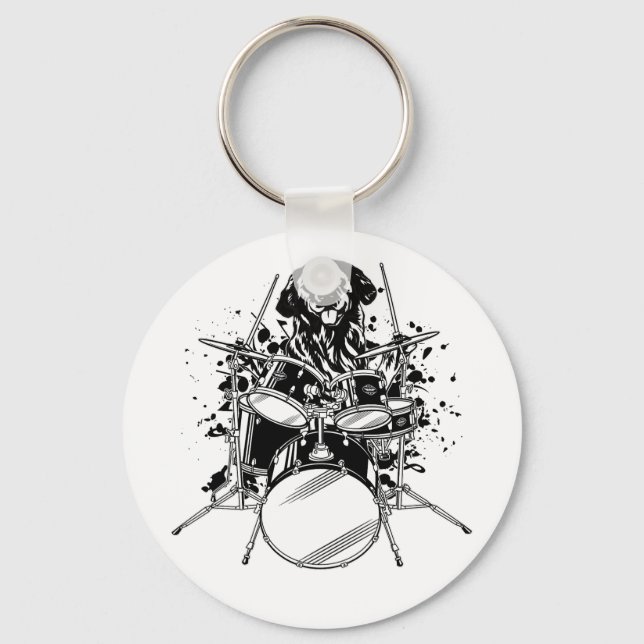 Dog Drummer Playing Drums Button Key Ring (Front)