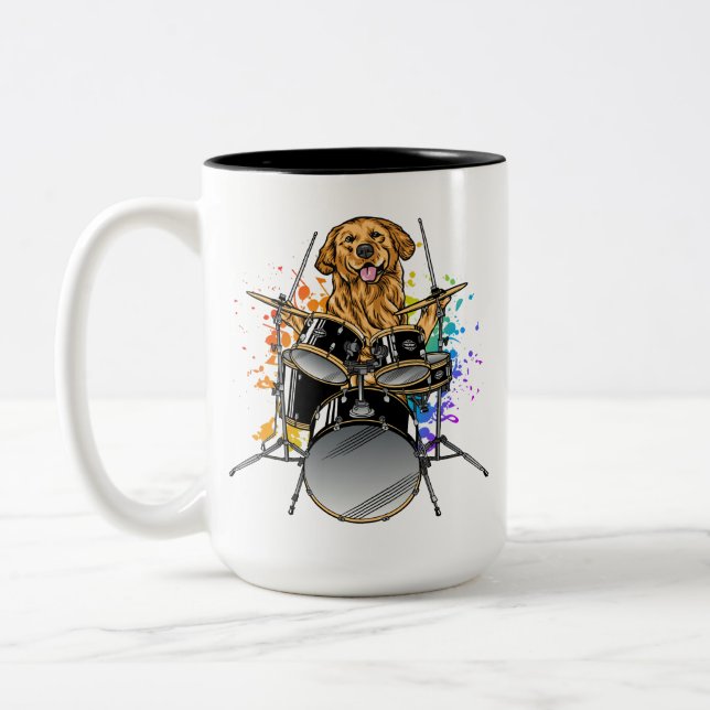 Dog Drummer Playing Drums Two-Tone Coffee Mug (Left)