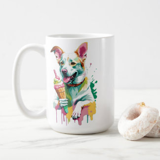 Dog eating an icecream coffee mug