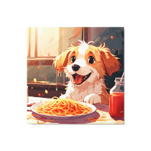 Dog eating spaghetti