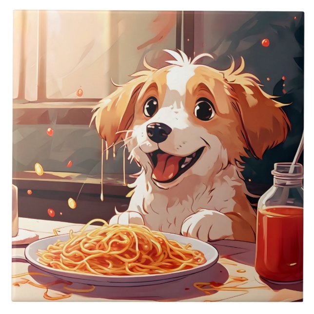 Dog eating spaghetti ceramic tile (Front)
