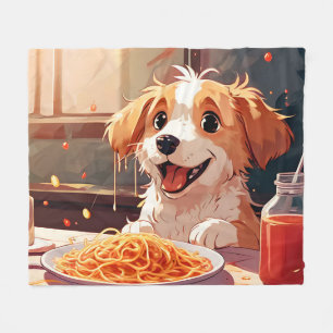 Dog eating spaghetti fleece blanket