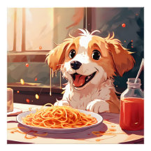 Dog eating spaghetti