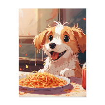 Dog eating spaghetti