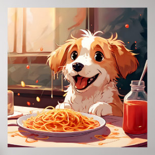 Dog eating spaghetti poster