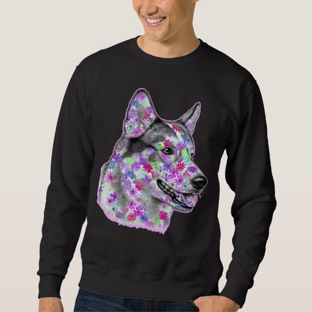 Dog Face Portrait Artwork Flower Floral  Siberian  Sweatshirt (Front)