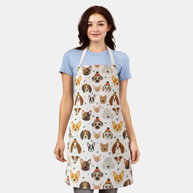 Dog Faces in Winter Hats Holiday Pattern Apron (Worn)