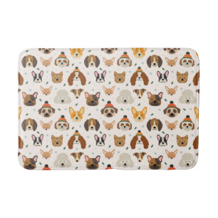 Dog Faces in Winter Hats Holiday Pattern Bath Mat
