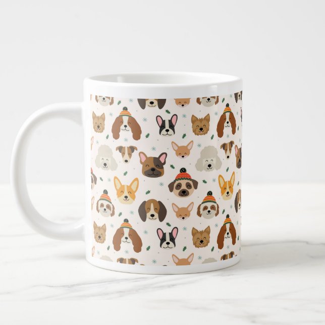 Dog Faces in Winter Hats Holiday Pattern Large Coffee Mug (Left)