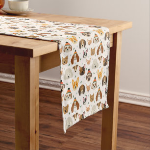 Dog Faces in Winter Hats Holiday Pattern Short Table Runner