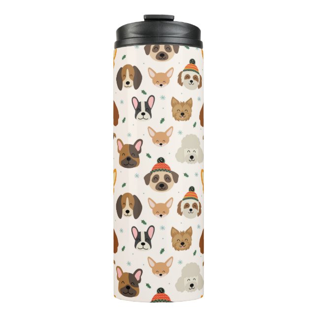 Dog Faces in Winter Hats Holiday Pattern Thermal Tumbler (Front)