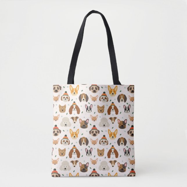 Dog Faces in Winter Hats Holiday Pattern Tote Bag (Front)