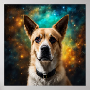 Dog facing you close up in a mystical place poster