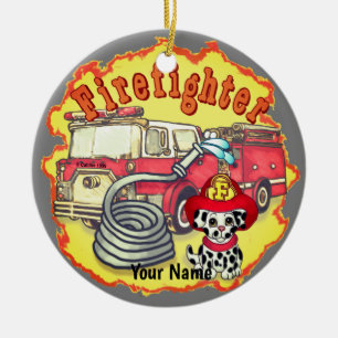 Dog Firetruck Firefighter firefighters Ceramic Ornament