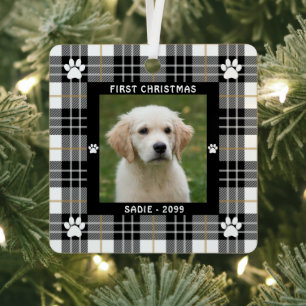 Dog FIRST CHRISTMAS Black White Tan Plaid 2 Photo Metal Tree Decoration