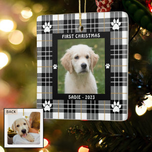 Dog FIRST CHRISTMAS Black White Tan Plaid Ceramic Ornament