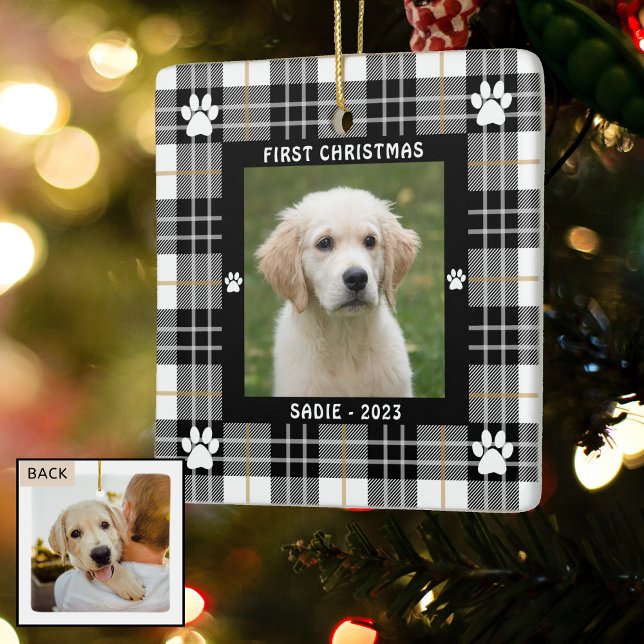 Dog FIRST CHRISTMAS Black White Tan Plaid Ceramic Ornament (Creator Uploaded)
