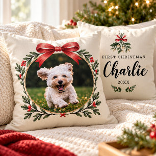 Dog First Christmas Photo Puppy Mistletoe Pet Cushion