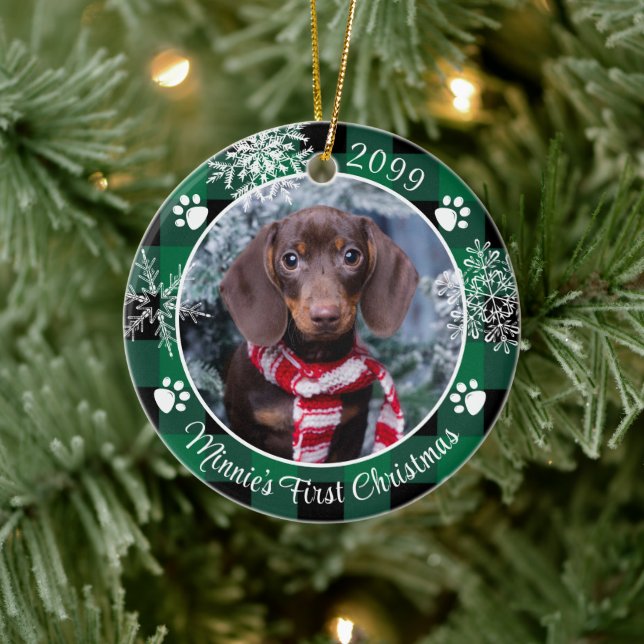 Dog First Christmas Snowflake Photo Green Plaid Ceramic Ornament (Tree)