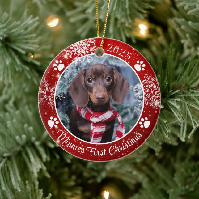 Dog First Christmas Snowflake Photo Red White Ceramic Ornament (Tree)