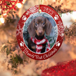 Dog First Christmas Snowflake Photo Red White Ceramic Ornament<br><div class="desc">Create a personalised photo keepsake ornament to commemorate the First Christmas for your new puppy or dog with this festive red and white round ceramic ornament featuring dog pawprints and snowflakes with your custom text (the sample shows Name's First Christmas). The design is duplicated on both sides. OPTIONS: Other ornament...</div>