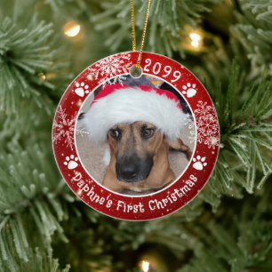 Dog First Christmas Snowflakes 2 Photo Red Ceramic Ornament