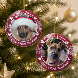 Dog First Christmas Snowflakes 2 Photos Ceramic Ornament