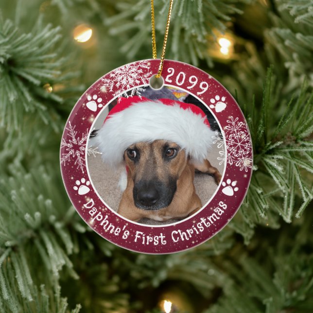 Dog First Christmas Snowflakes 2 Photos Ceramic Ornament (Tree)