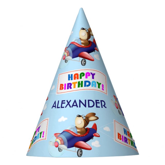 Dog Flying Aeroplane Birthday Party Hat (Front)