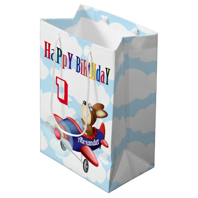 Dog Flying Aeroplane | Boy Birthday Medium Gift Bag (Front Angled)