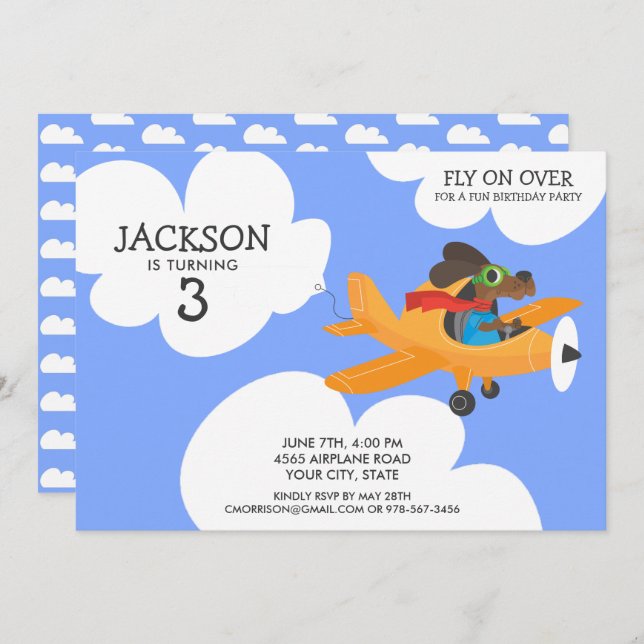 Dog Flying Aeroplane Cute Boy's Birthday Party Invitation (Front/Back)
