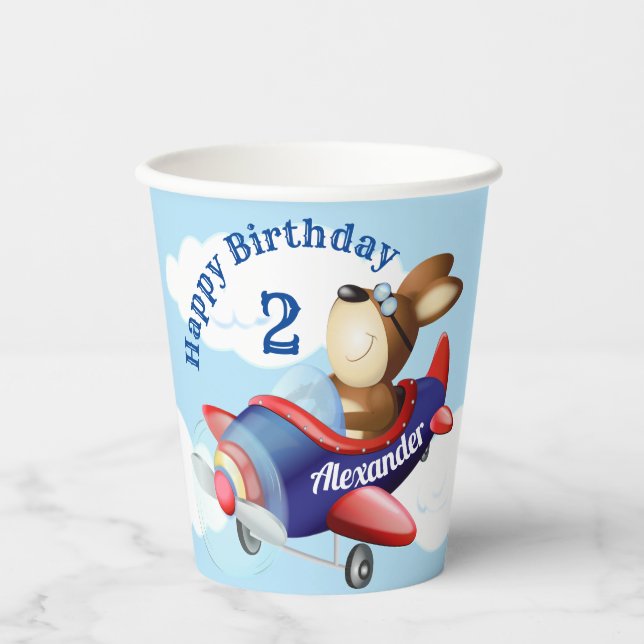 Dog Flying Aeroplane Kids Birthday Party Paper Cups (Front)