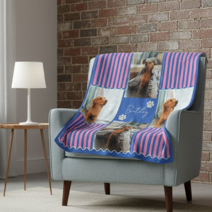 Dog Four Photo Grid Pink Stripe Squiggle Fleece Blanket