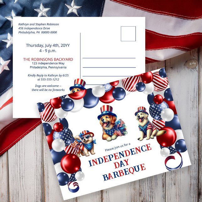 Dog Friendly No Fireworks 4th of July BBQ Party Holiday Postcard (Dog Friendly No Fireworks 4th of July BBQ Party Holiday Invitation 2-Sided Postcard)