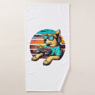 Dog Gamer, Retro Vintage Design Bath Towel
