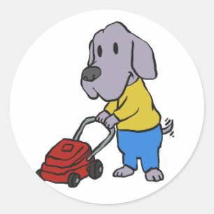 Dog gardener with lawn mower choose back colour classic round sticker