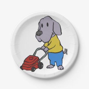 Dog gardener with lawn mower choose back colour paper plate
