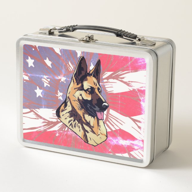 Dog German Shepherd with USA Flag Design Metal Lunch Box (Front)