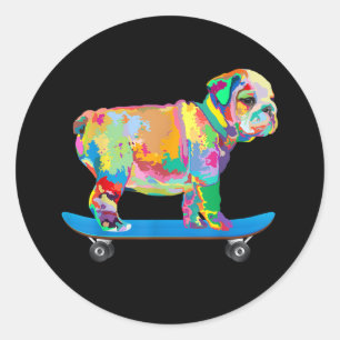 Dog Gift Colourful Cool Bulldog Puppy Skateboard Classic Round Sticker