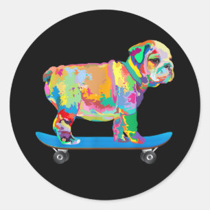 Dog Gift Colourful Cool Bulldog Puppy Skateboard Classic Round Sticker
