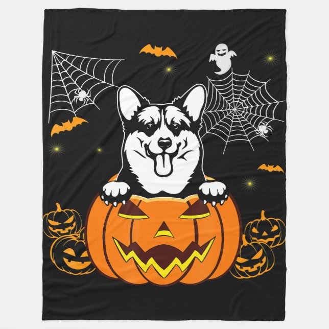 Dog Gift | Corgi Pumpkin Funny Halloween Costume Fleece Blanket (Front)